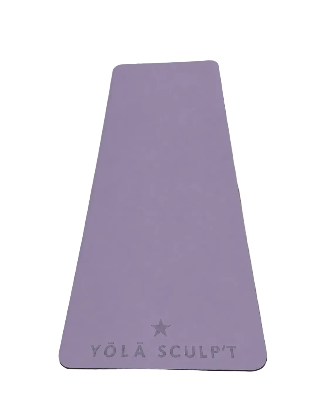 A woman sits on a black yoga mat holding a gymnastic ring, wearing a black sports bra, dark shorts, white socks, and chunky silver sneakers. Two small dumbbells are placed on the mat, which has the brand name 'YÓLA SCULPT' printed on it, against a plain white studio background.