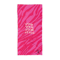 Pink towel with zebra pattern and text on a white background