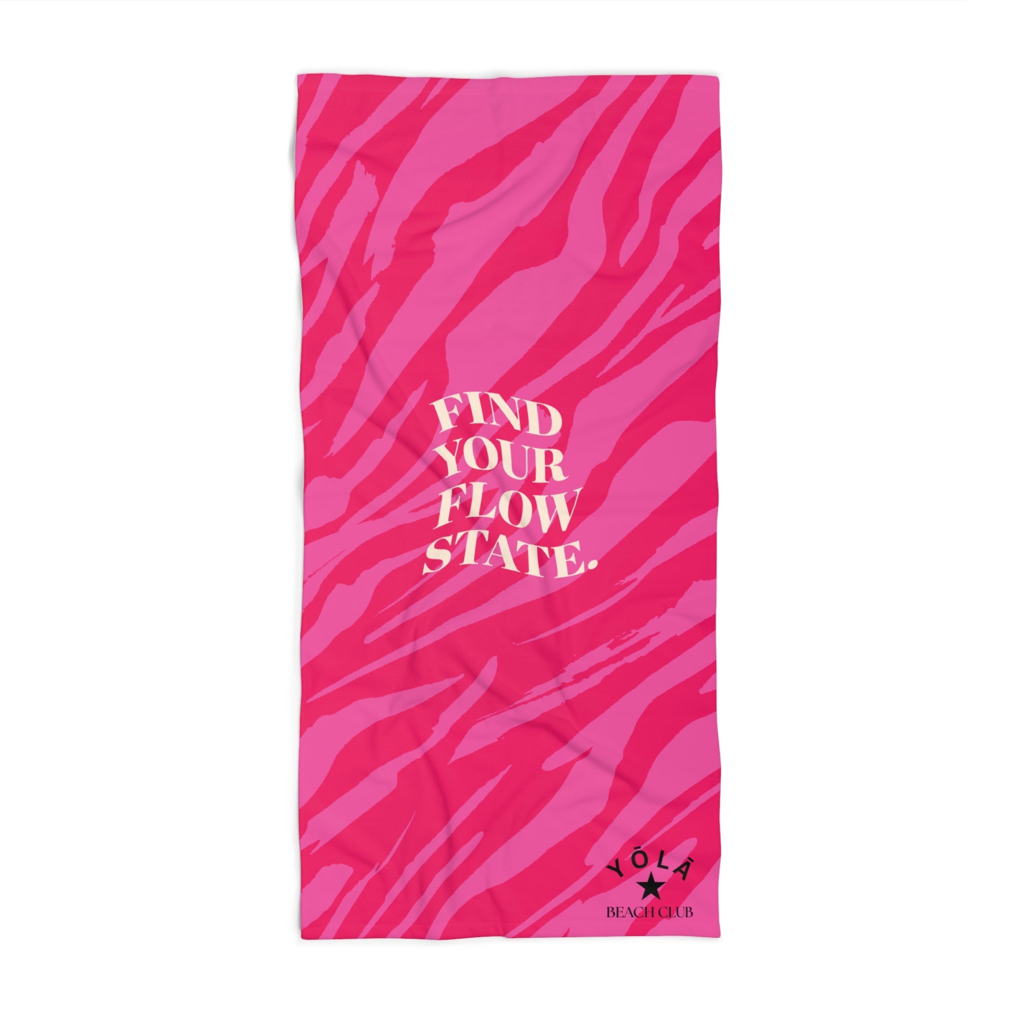 Pink towel with zebra pattern and text on a white background