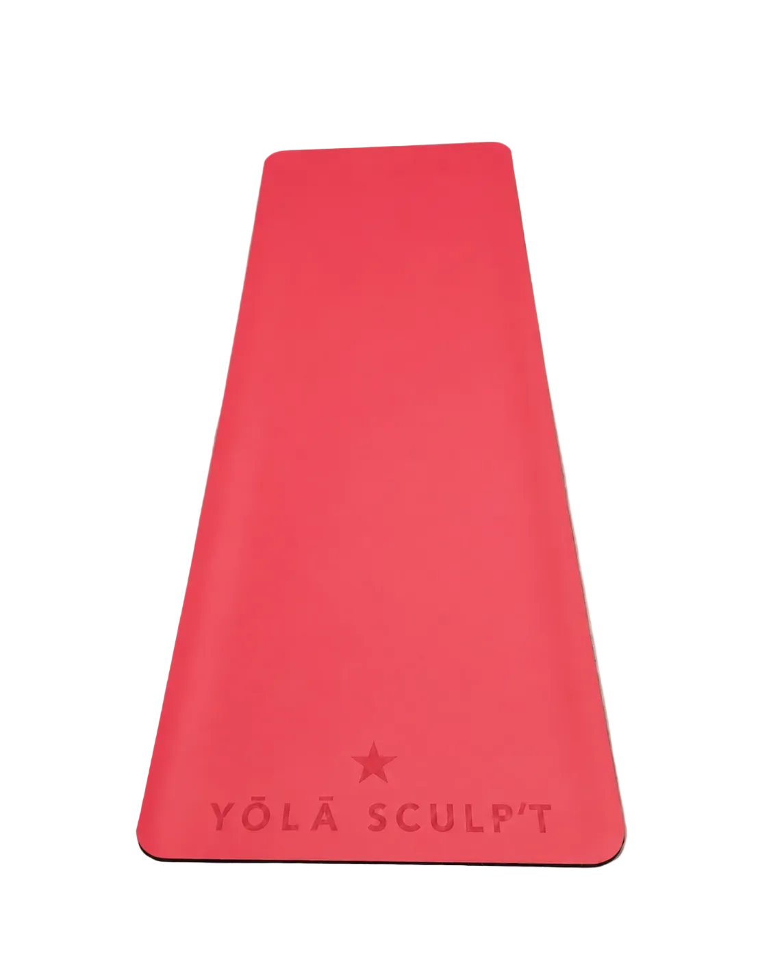 A woman sits on a black yoga mat holding a gymnastic ring, wearing a black sports bra, dark shorts, white socks, and chunky silver sneakers. Two small dumbbells are placed on the mat, which has the brand name 'YÓLA SCULPT' printed on it, against a plain white studio background.