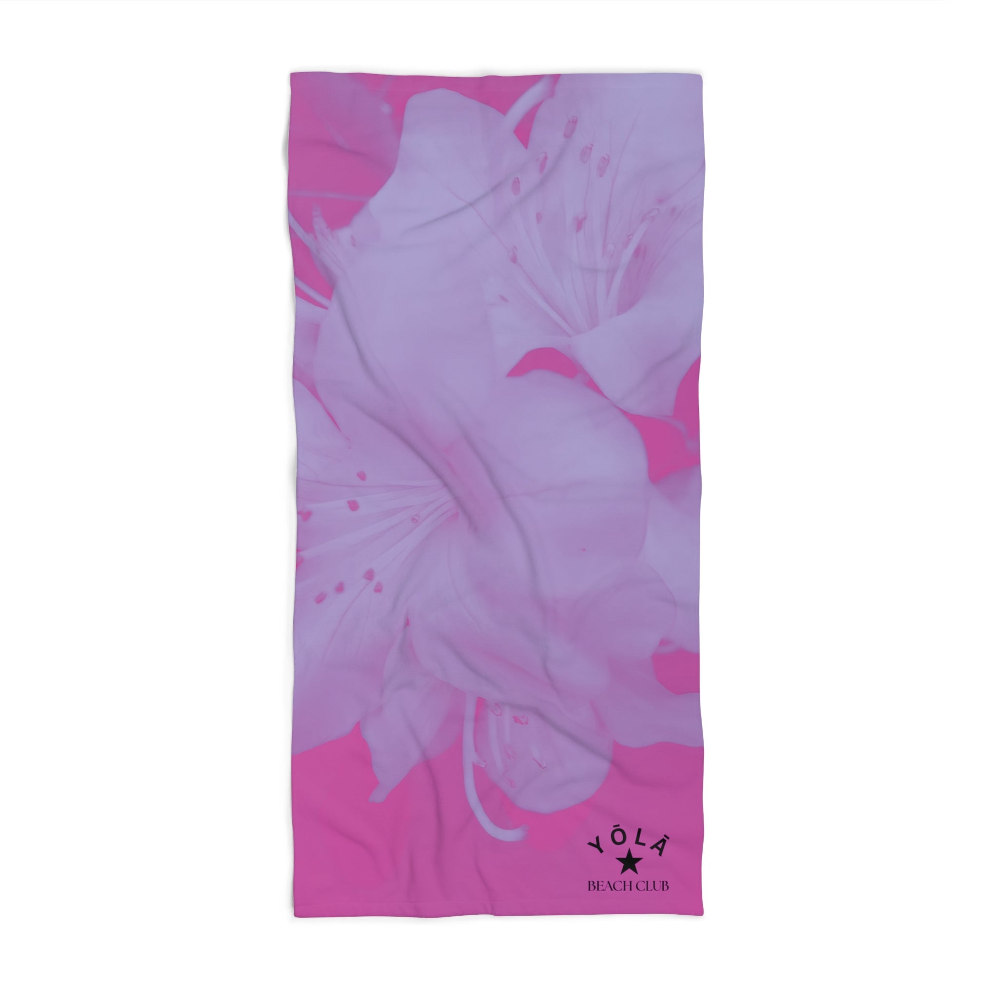 Towel with pink floral design on a white background