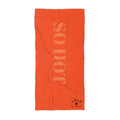 Orange towel with 'SO HOT' text and a brand logo on a white background