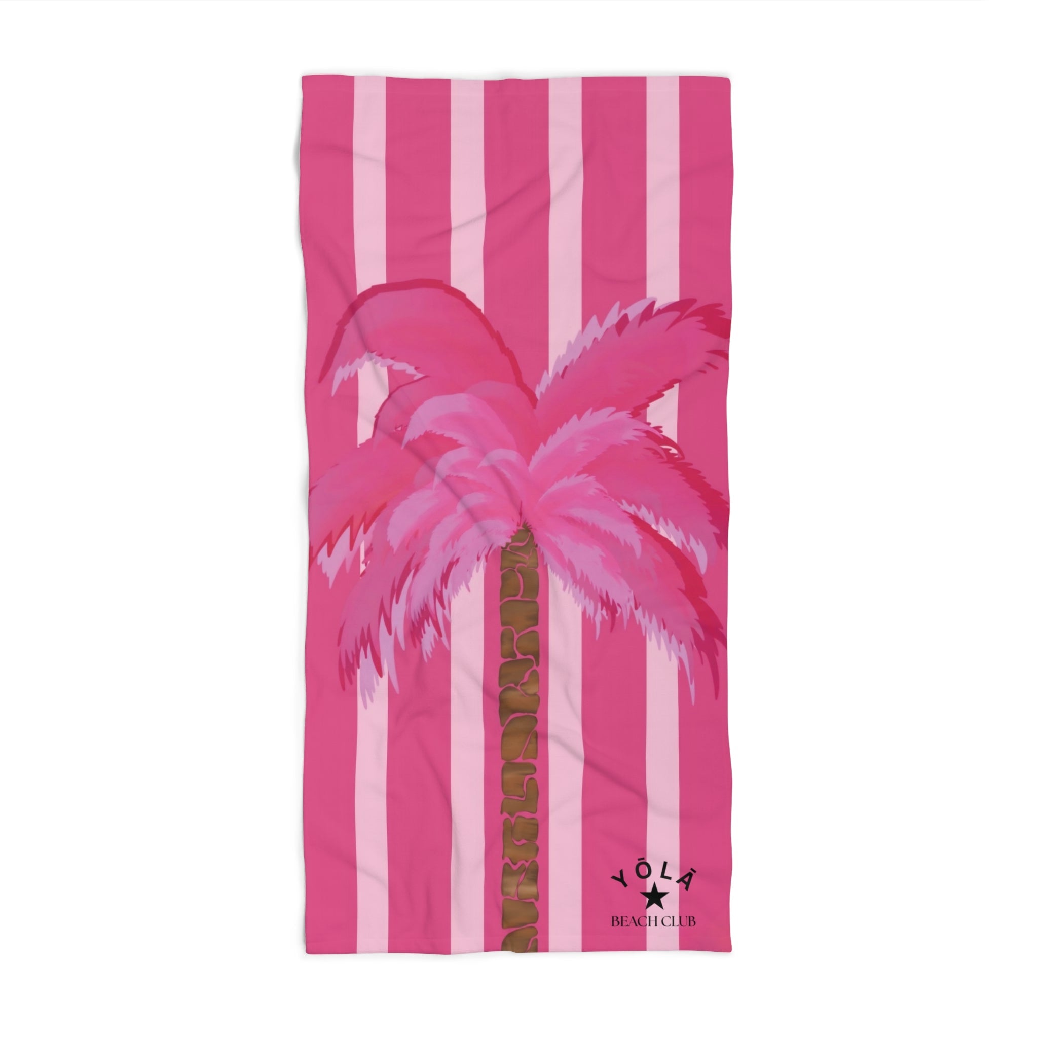 Pink beach towel with flamingo design and stripes on a white background