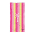Pink and yellow striped towel with a palm tree design on a white background