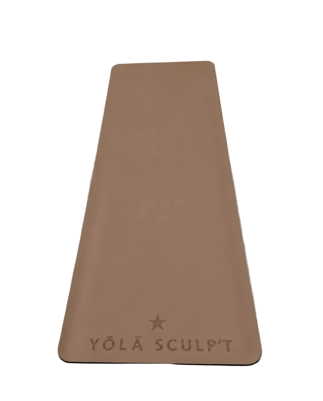 A woman sits on a black yoga mat holding a gymnastic ring, wearing a black sports bra, dark shorts, white socks, and chunky silver sneakers. Two small dumbbells are placed on the mat, which has the brand name 'YÓLA SCULPT' printed on it, against a plain white studio background.