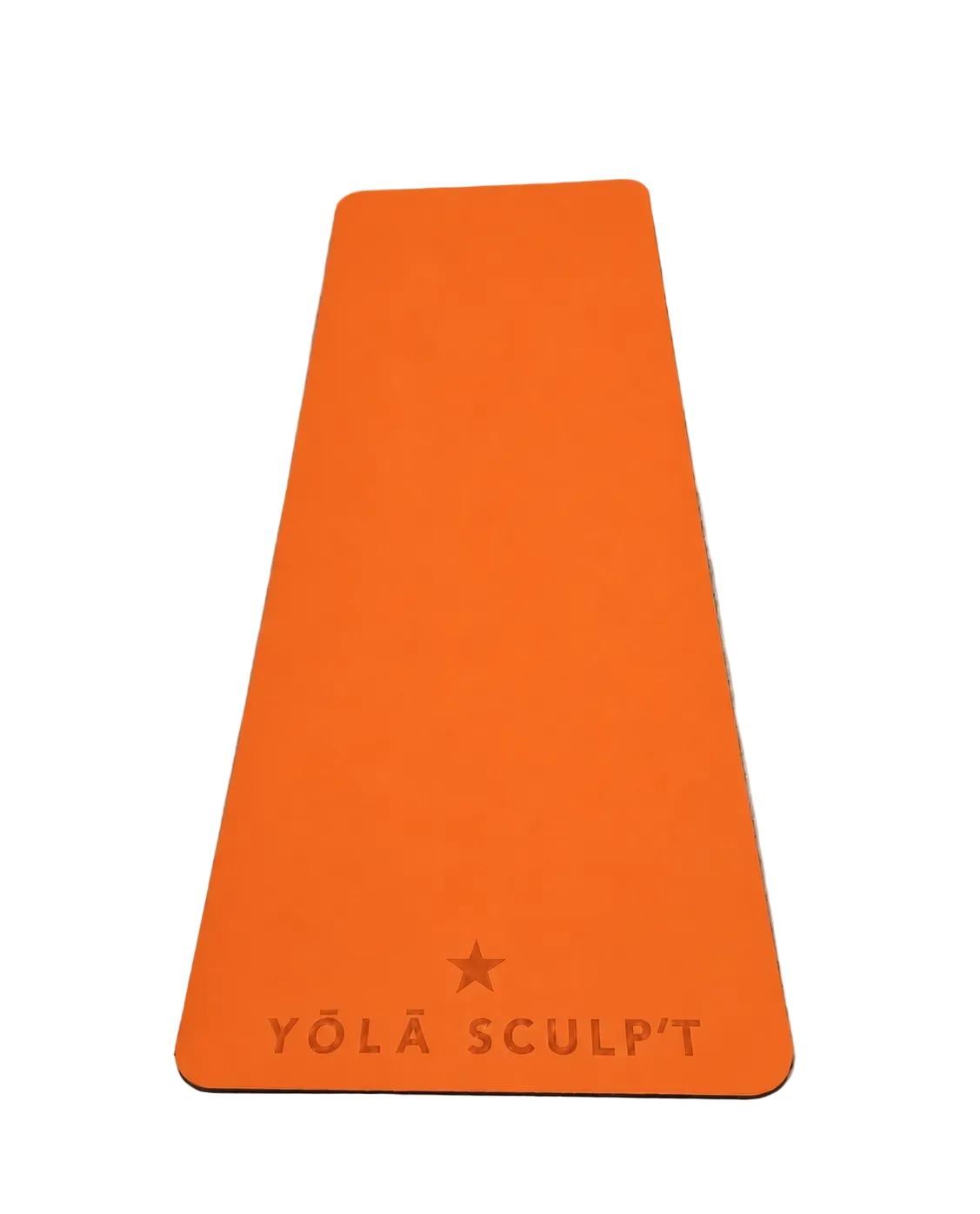 A woman sits on a black yoga mat holding a gymnastic ring, wearing a black sports bra, dark shorts, white socks, and chunky silver sneakers. Two small dumbbells are placed on the mat, which has the brand name 'YÓLA SCULPT' printed on it, against a plain white studio background.