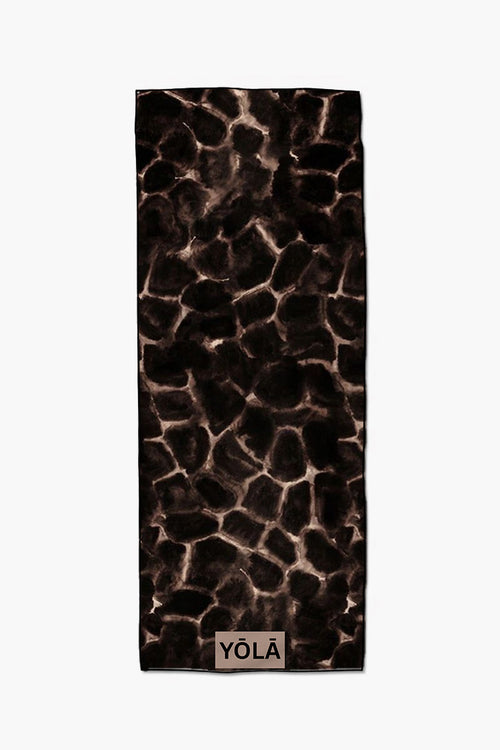 Amber tortoise yoga mat towel with dark tortoise shell animal print pattern, non-slip microfiber by Yola