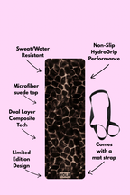 Amber tortoise print yoga mat showing features including non-slip grip, microfiber suede top, and included carrying strap by YOLA