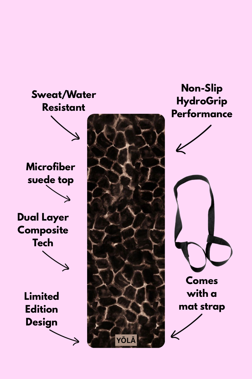 Amber tortoise print yoga mat showing features including non-slip grip, microfiber suede top, and included carrying strap by YOLA