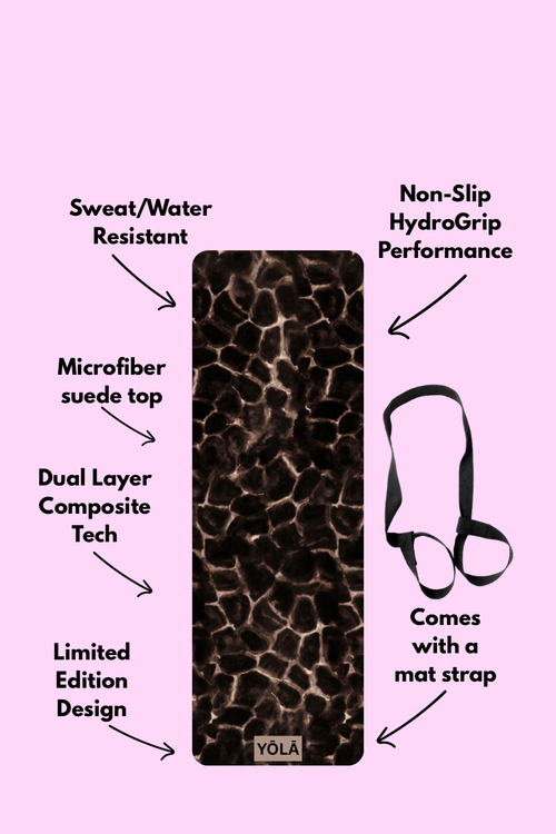 Amber tortoise print yoga mat showing features including non-slip grip, microfiber suede top, and included carrying strap by YOLA