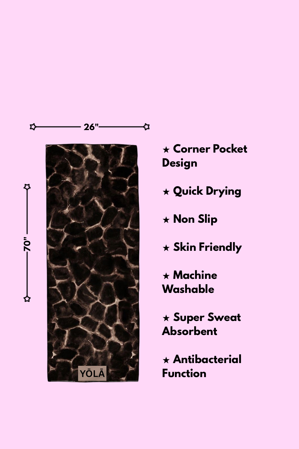 Amber tortoise yoga mat towel features including non-slip microfiber, quick drying, antibacterial, and corner pocket design by Yola