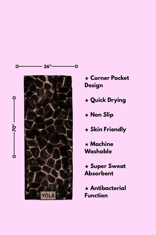 Amber tortoise yoga mat towel features including non-slip microfiber, quick drying, antibacterial, and corner pocket design by Yola