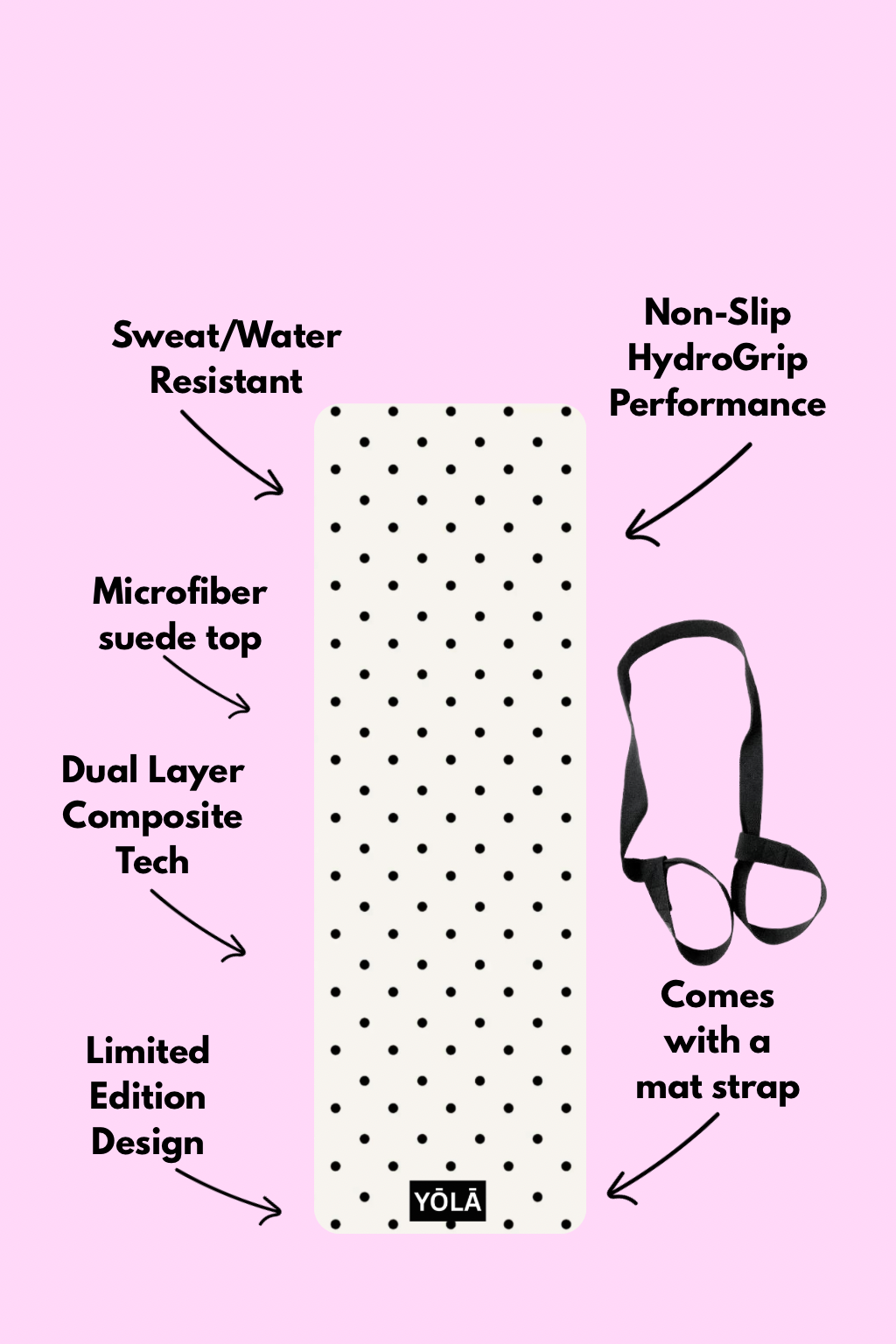 Black and white polka dot yoga mat with non-slip microfiber suede surface, sweat-resistant design, and included mat strap by YOLA
