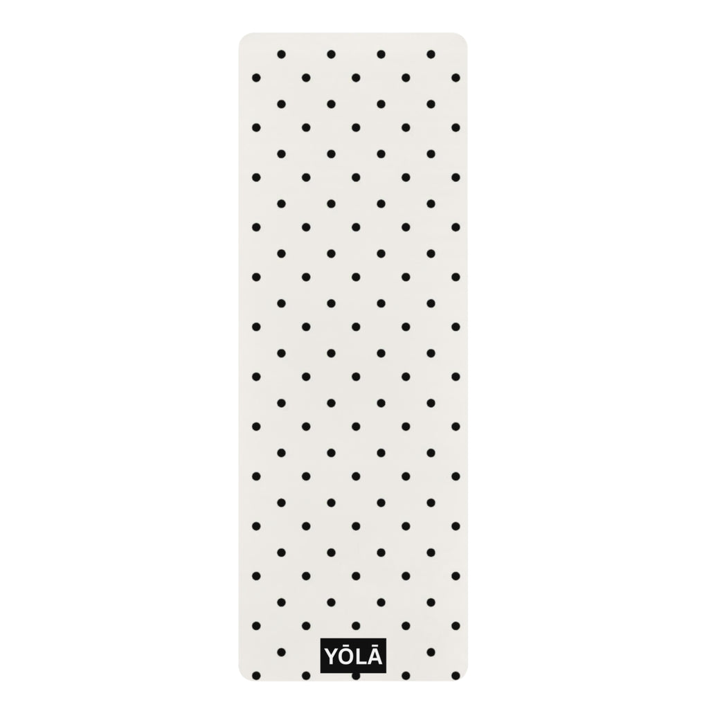Black and white polka dot yoga mat with non-slip rubber base and microfiber suede top by YOLA