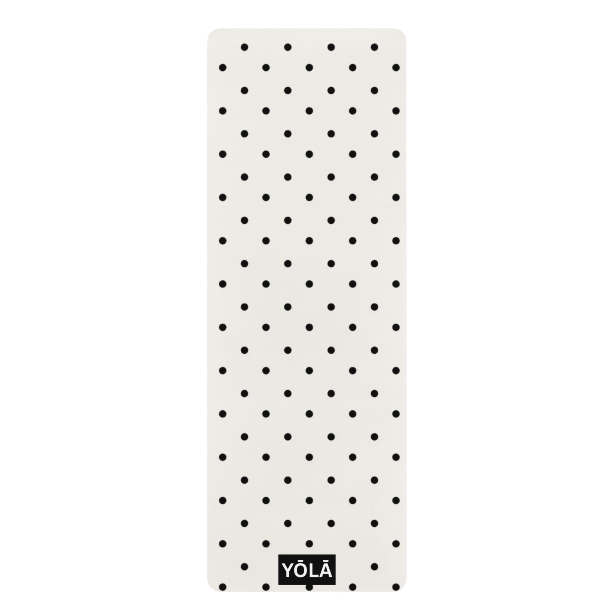 Black and white polka dot yoga mat with non-slip rubber base and microfiber suede top by YOLA