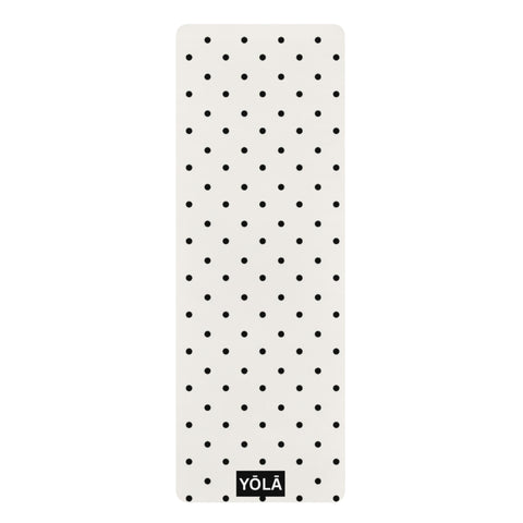 Black and white polka dot yoga mat with non-slip rubber base and microfiber suede top by YOLA