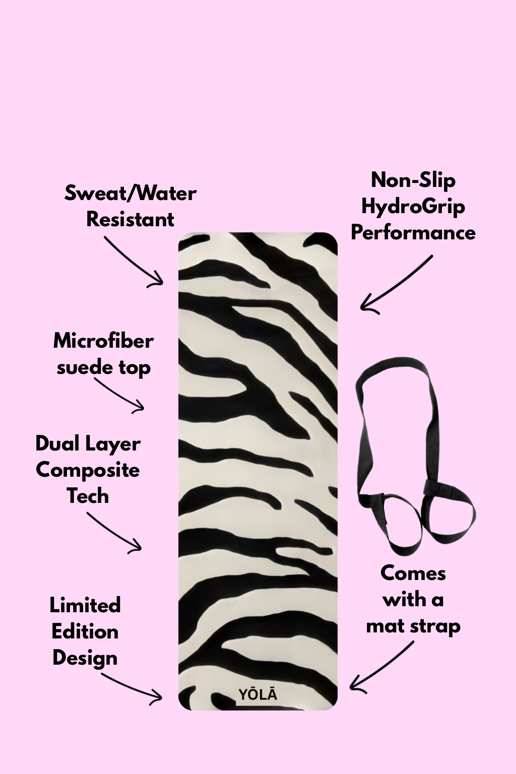 Black and white zebra print yoga mat with non-slip microfiber suede surface, sweat-resistant design, and included mat strap by YOLA