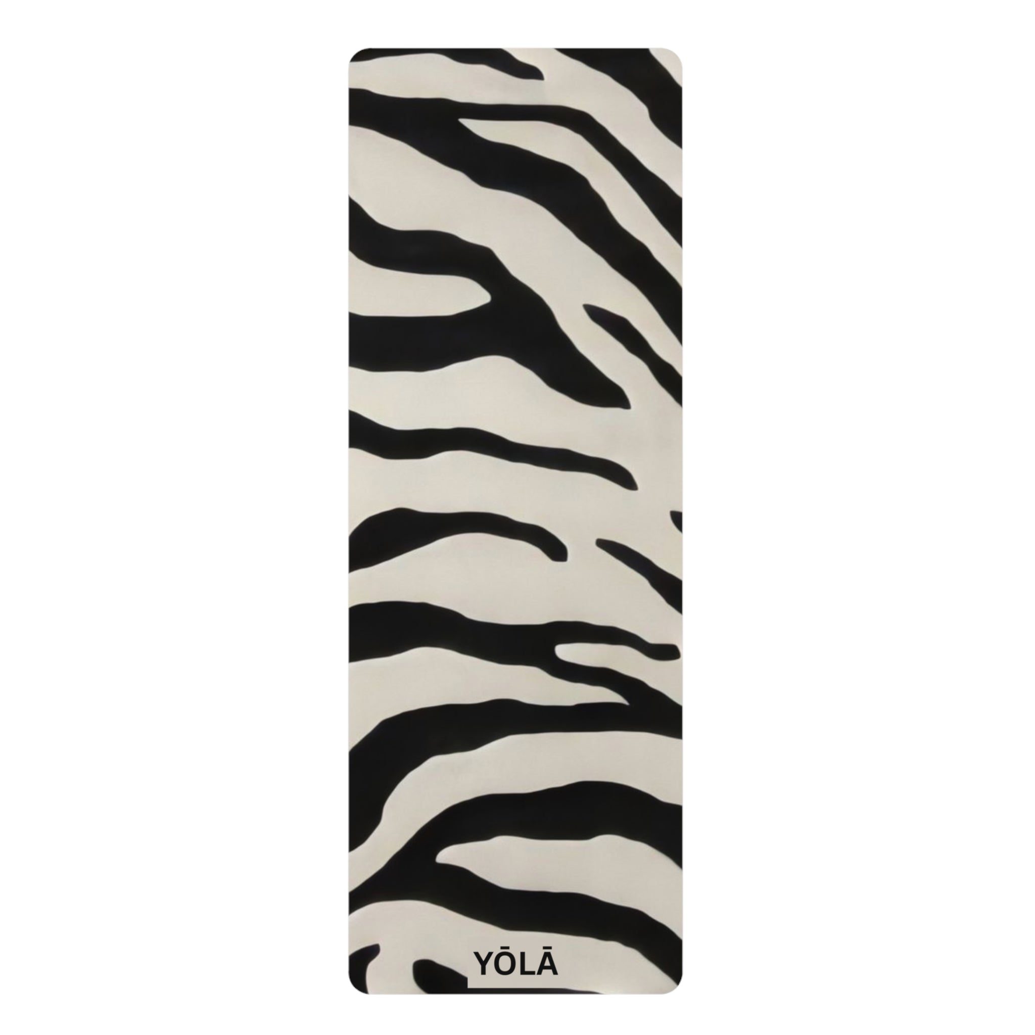 Black and white zebra print yoga mat with non-slip rubber base and microfiber suede top by YOLA