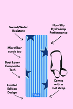 Blue striped yoga mat with star print, non-slip rubber base, microfiber suede top, and included mat strap by YOLA