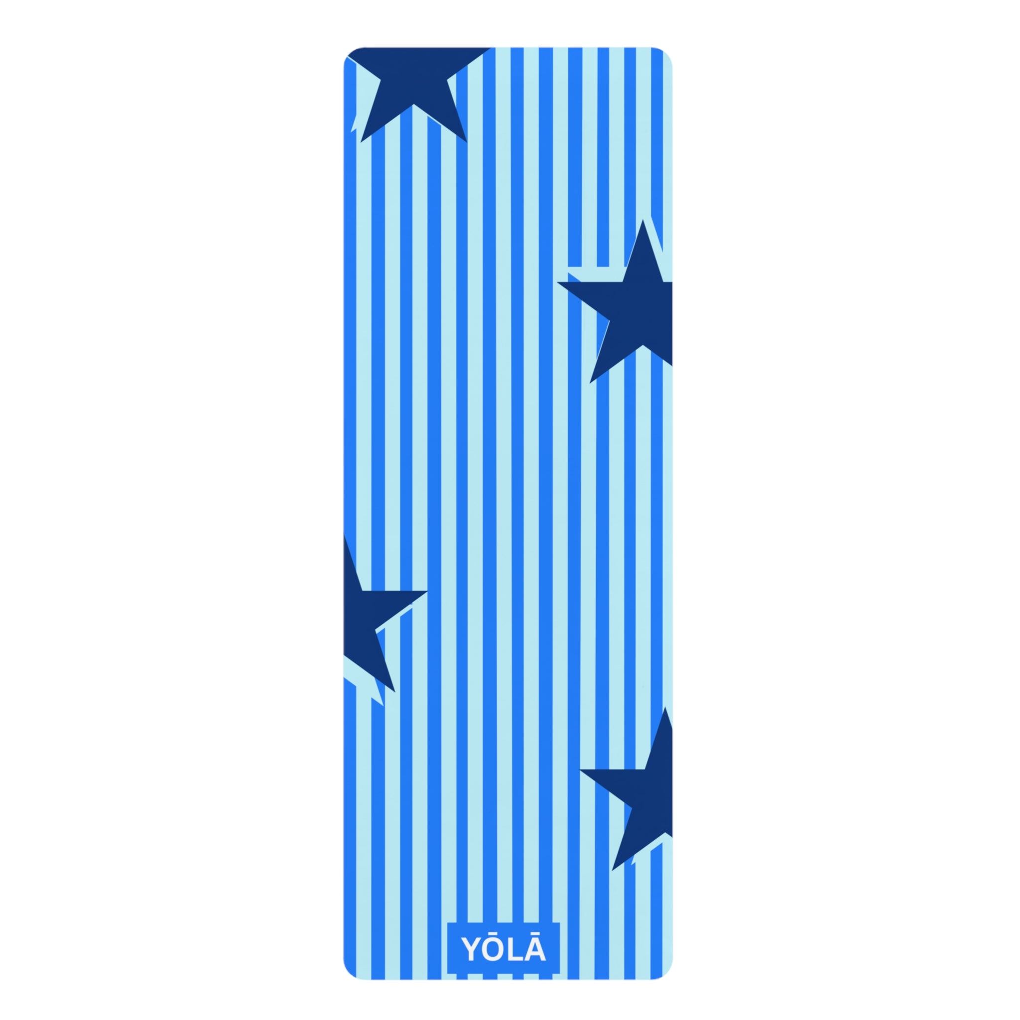 Blue striped yoga mat with star print, non-slip rubber base, and microfiber suede top by YOLA