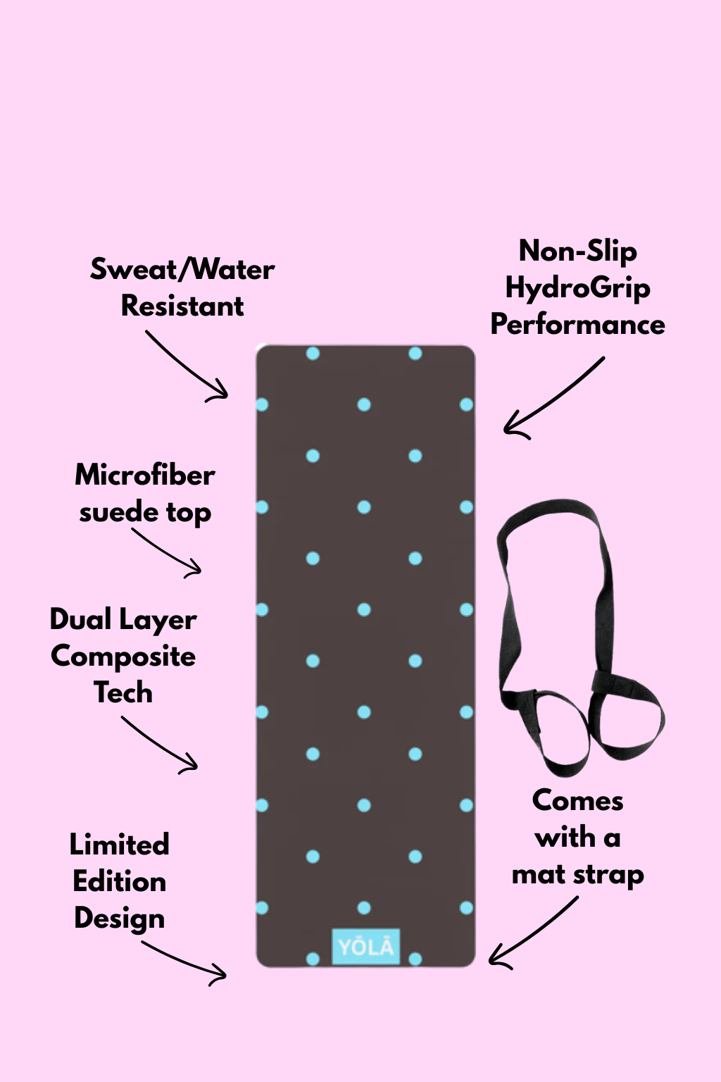 Brown yoga mat with blue polka dots, non-slip rubber base, microfiber suede top, and included carrying strap by YOLA