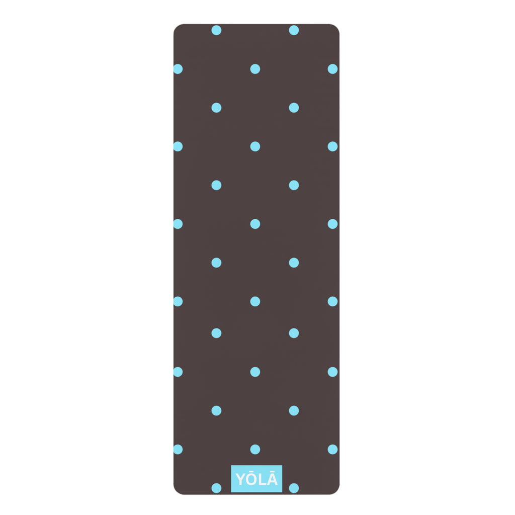 Brown yoga mat with blue polka dots and non-slip rubber base by YOLA