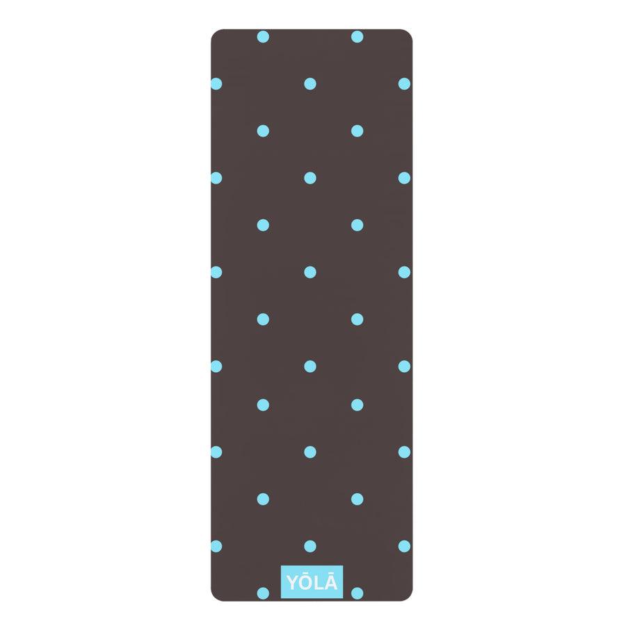 Brown yoga mat with blue polka dots and non-slip rubber base by YOLA