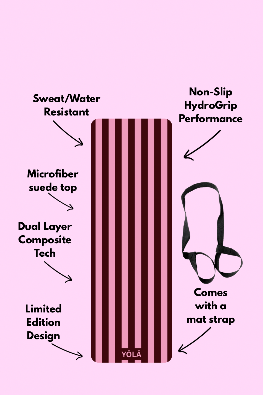 Burgundy and pink striped yoga mat with non-slip microfiber suede surface, sweat-resistant design, and included mat strap by YOLA