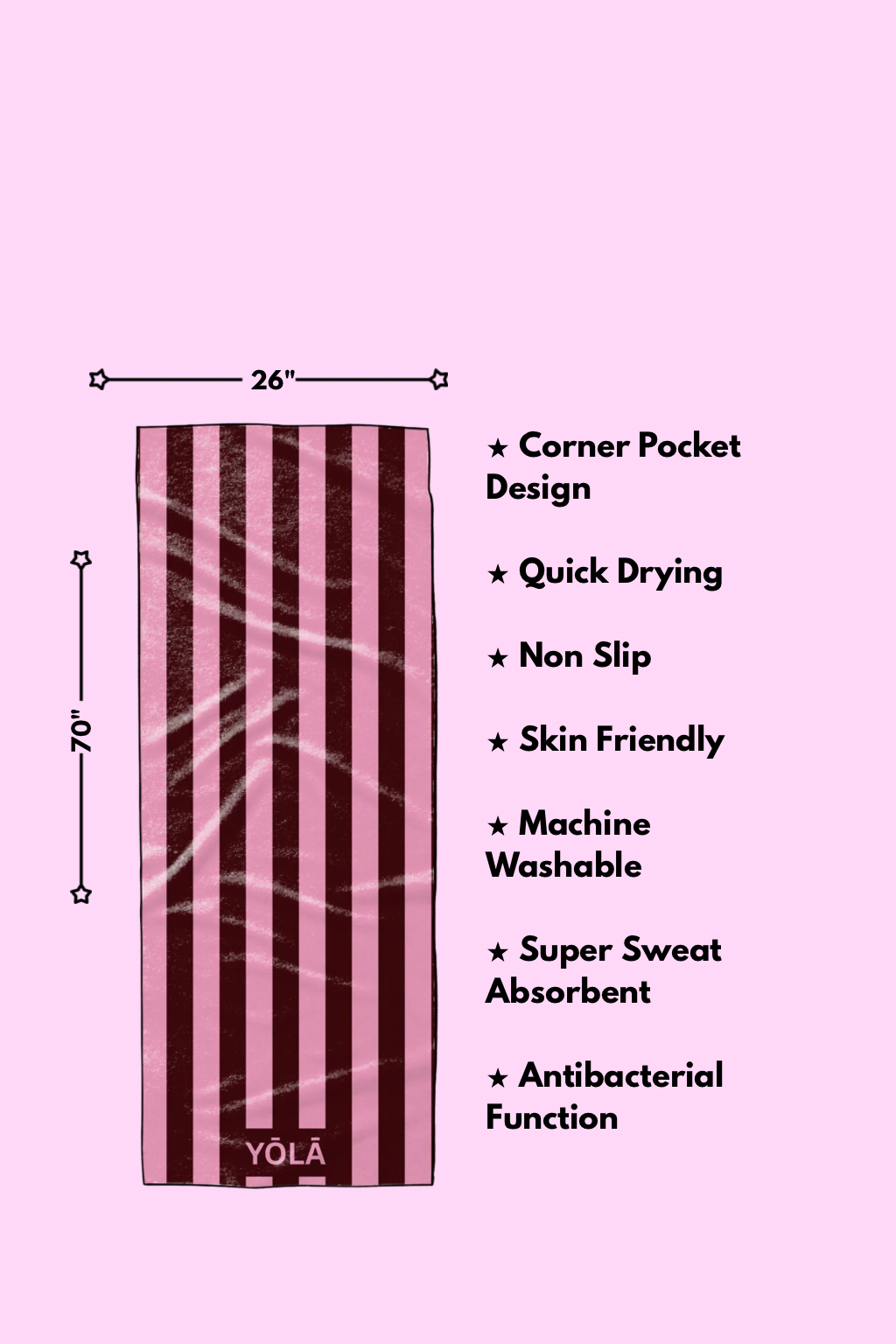 Burgundy and pink striped yoga mat topper with dimensions and features including non-slip microfiber suede, quick-drying material, and corner pocket design