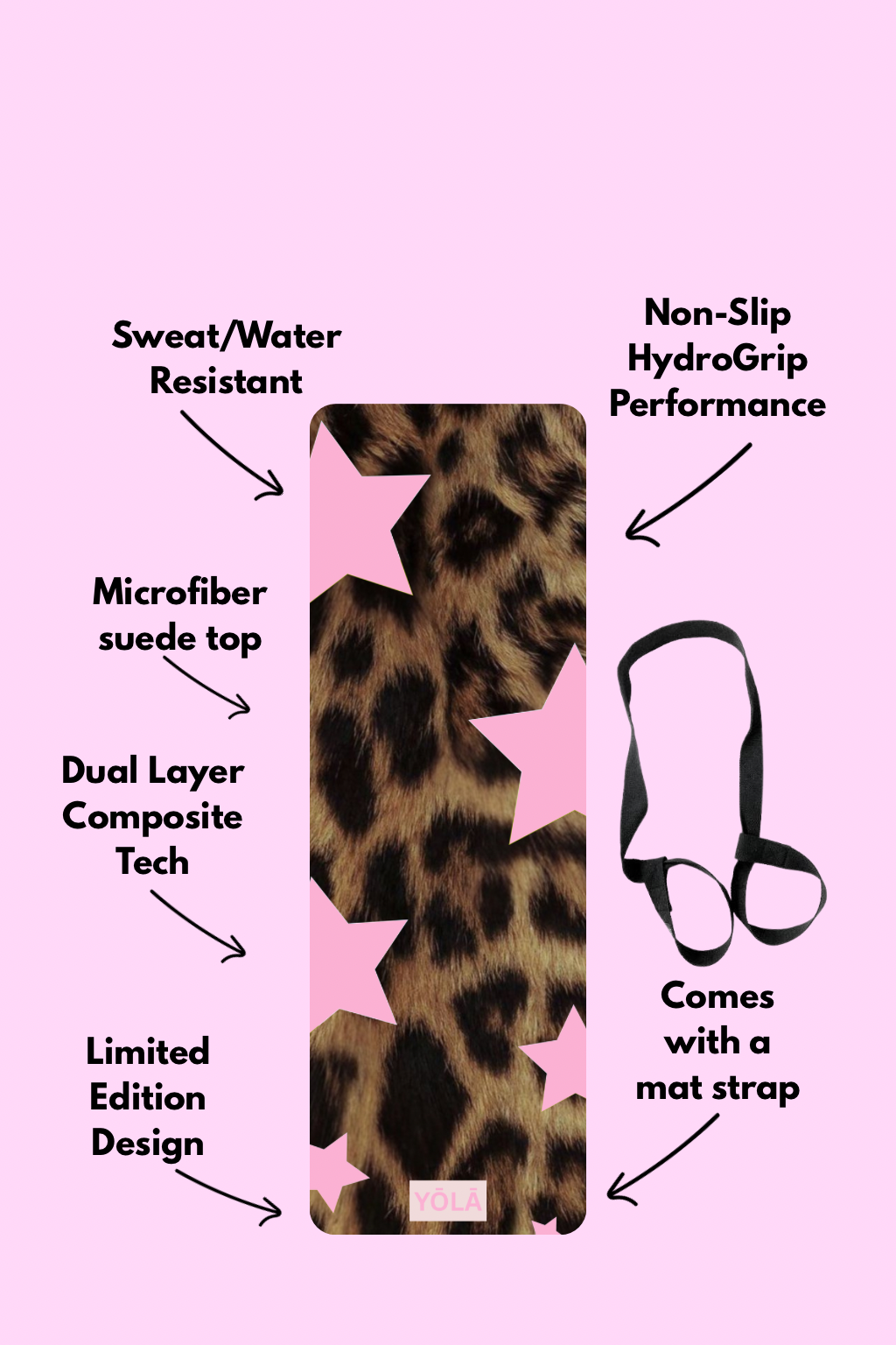 Leopard print yoga mat with pink star design showing features including non-slip grip, microfiber suede top, and included carrying strap by YOLA