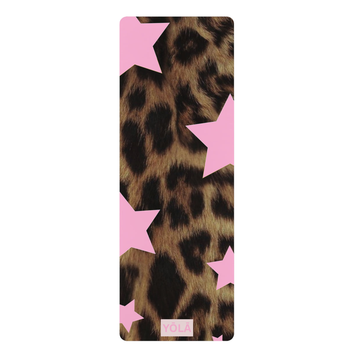 Leopard print yoga mat with pink star design, non-slip rubber base, and microfiber suede top by YOLA