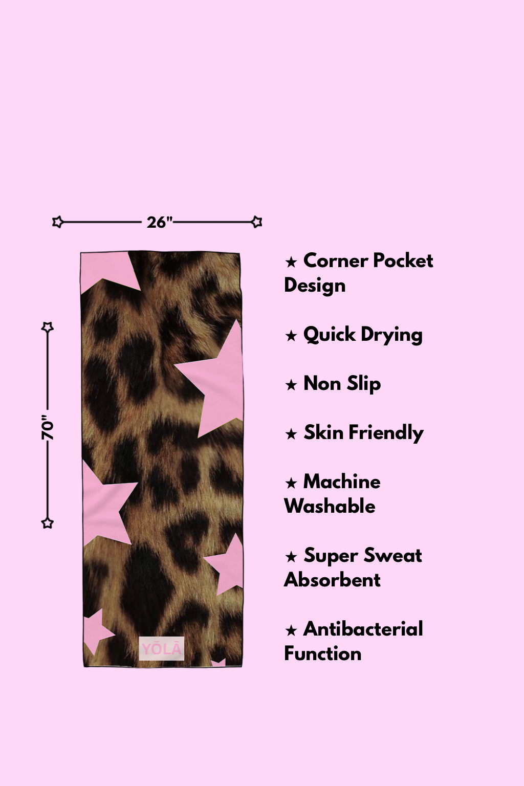 Cheetaholic yoga mat towel features including non-slip microfiber, quick drying, antibacterial, and corner pocket design by Yola