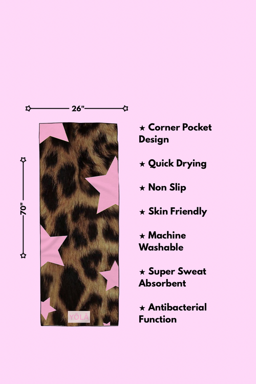 Cheetaholic yoga mat towel features including non-slip microfiber, quick drying, antibacterial, and corner pocket design by Yola