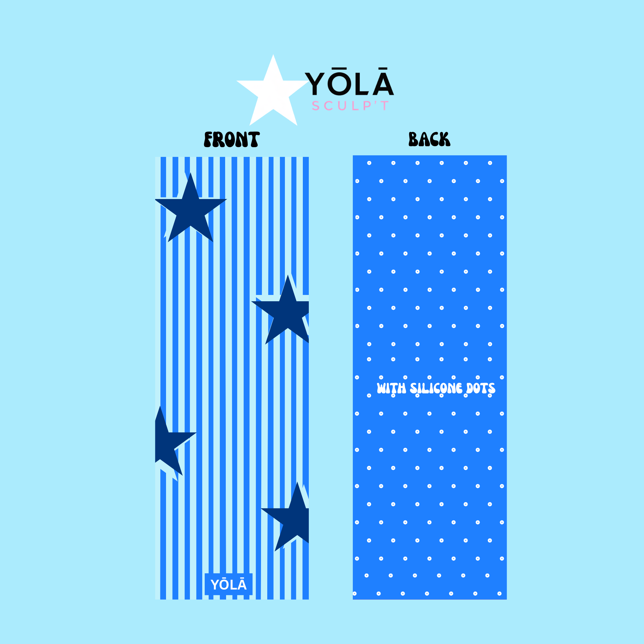 Blue striped Pilates grip towel with navy stars, non-slip microfiber suede front and silicone dot backing by YŌLĀ SCULP'T