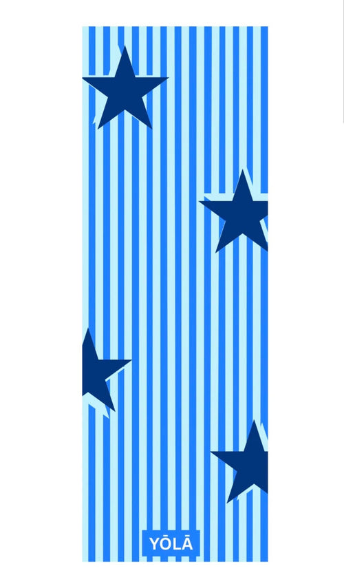 Blue striped non-slip Pilates grip towel with navy star pattern, microfiber suede hot yoga towel by YŌLĀ SCULP'T