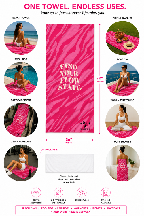 Flow Go-To Towel of YOLA SCULPT showcasing versatile uses including beach days, poolside lounging, picnics, workouts, yoga, boat trips, and post-shower comfort