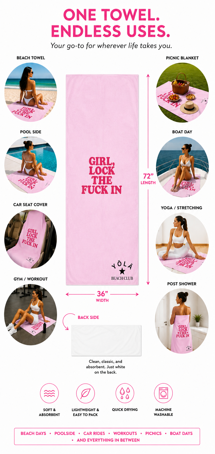 Lock TF In Go-To Towel of YOLA SCULPT showcasing versatile uses including beach days, poolside lounging, picnics, workouts, yoga, boat trips, and post-shower comfort, featuring a pink towel with the phrase "Girl, Lock The F In"