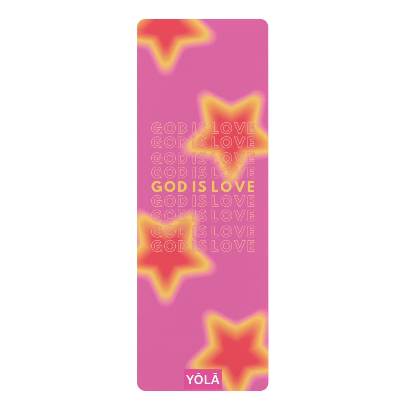 Pink God Is Love yoga mat with glowing star design by Yola