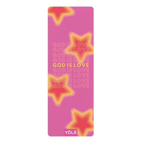 Pink God Is Love yoga mat with glowing star design by Yola
