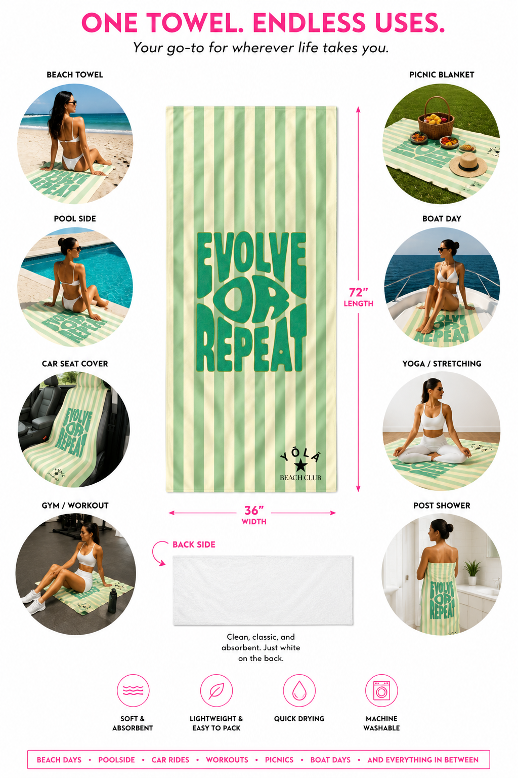 Green Striped Go-To Towel of YOLA SCULPT showcasing versatile uses including beach days, poolside lounging, picnics, workouts, yoga, boat trips, and post-shower comfort
