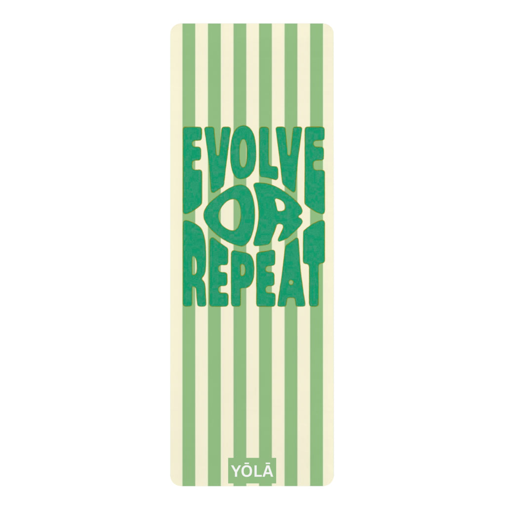 Green Evolve or Repeat yoga mat with retro striped design by Yola