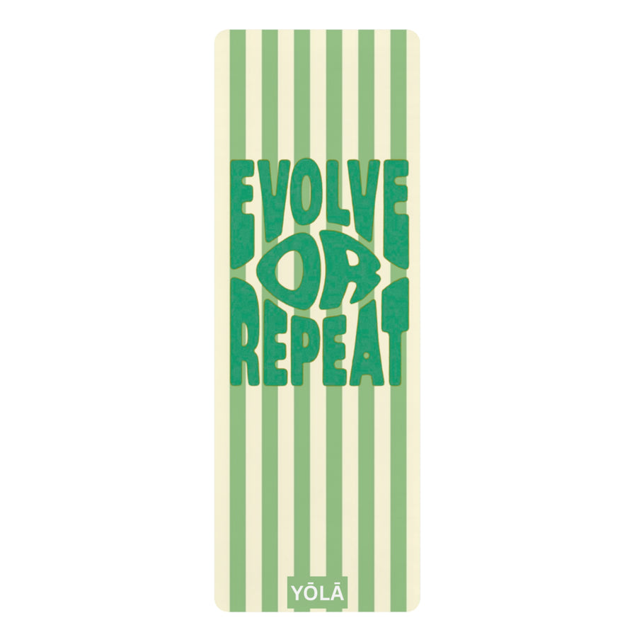Green Evolve or Repeat yoga mat with retro striped design by Yola