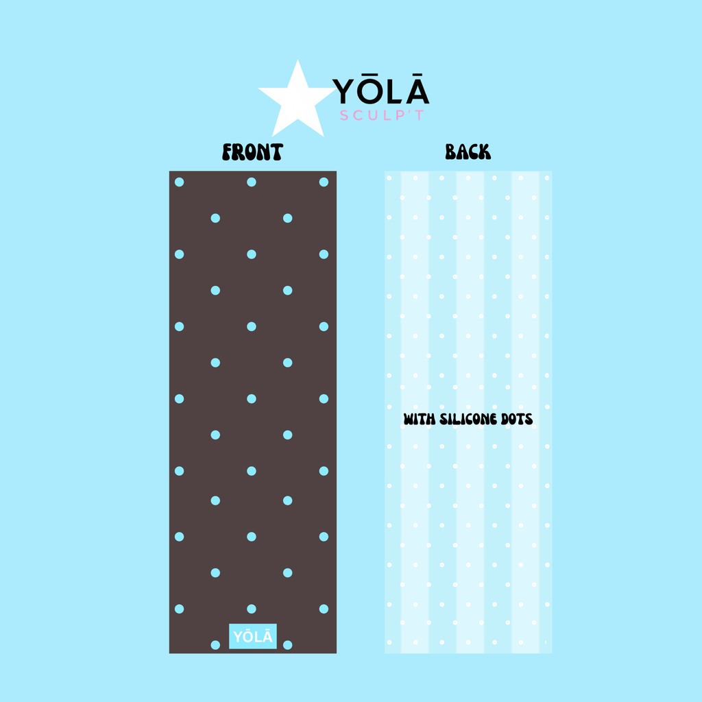 Hot dots yoga mat towel showing front polka dot design and back with silicone grip dots, non-slip microfiber by Yola