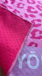 Pink leopard print Pilates grip towel with Hot Girl Club typography, non-slip microfiber suede hot yoga towel by YŌLĀ SCULP'T