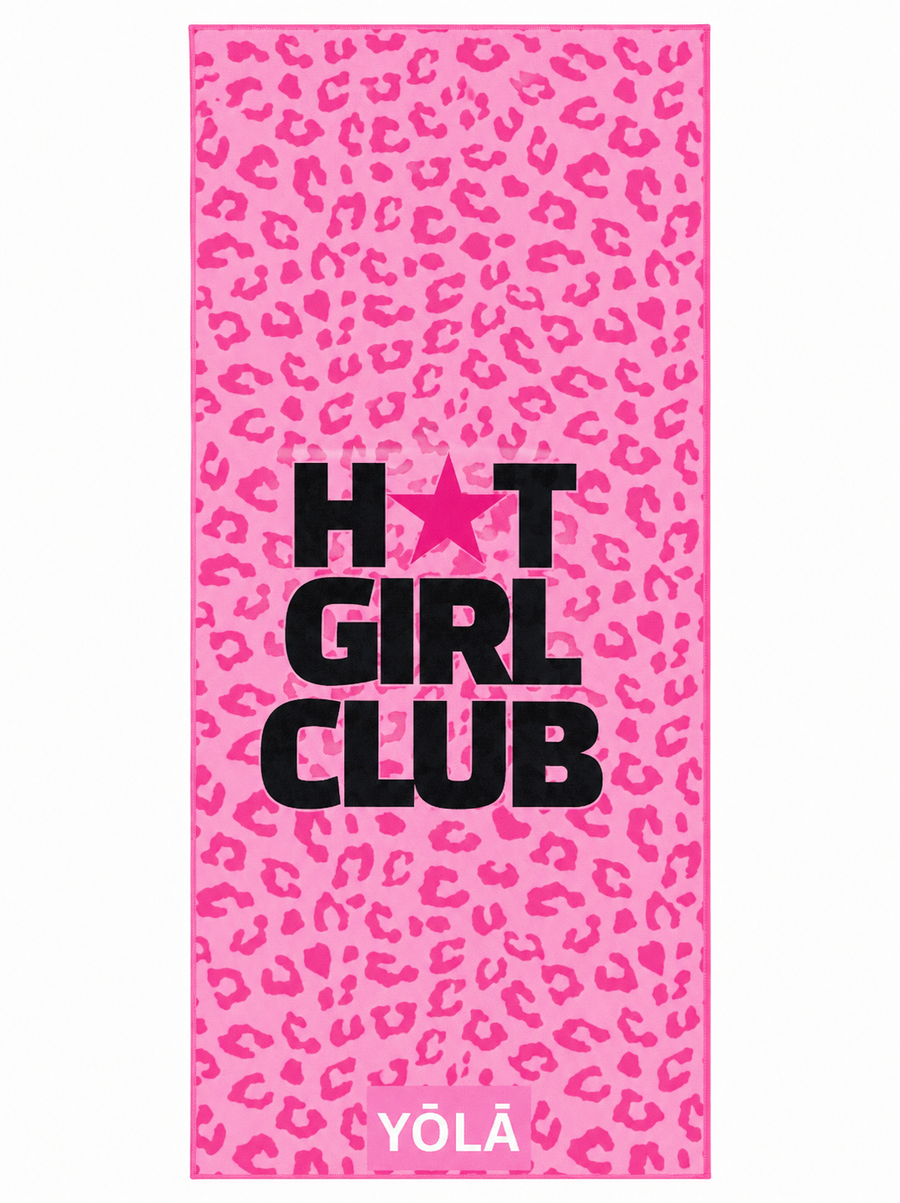 Pink leopard print Pilates grip towel with Hot Girl Club typography, non-slip microfiber suede hot yoga towel by YŌLĀ SCULP'T