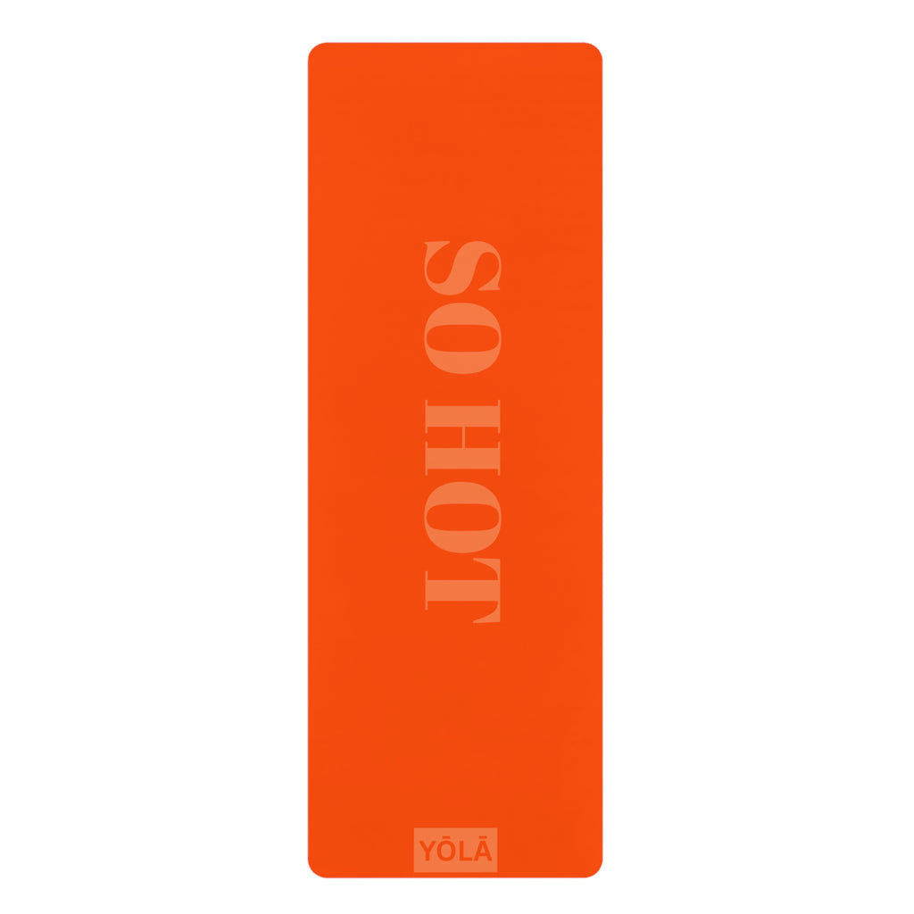 Orange yoga mat with 'SO HOT' text and Yola branding on a white background