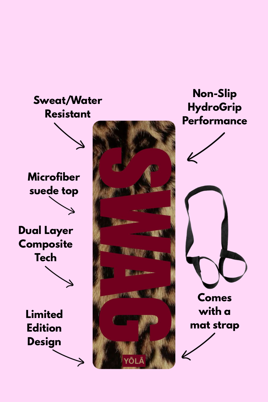 Leopard print yoga mat with bold “SWAG” text, non-slip rubber base, microfiber suede top, and included mat strap by YOLA