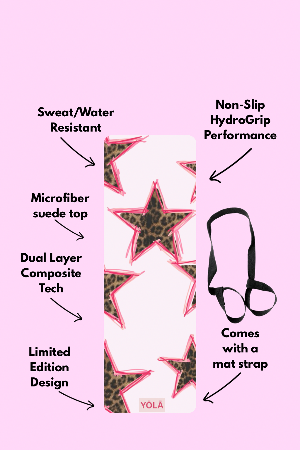 Yoga mat with leopard print star pattern outlined in pink showing features including non-slip grip, microfiber suede top, and included carrying strap by YOLA