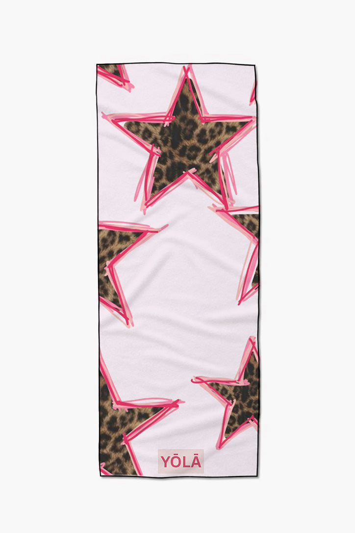 Leopard stars yoga mat towel with leopard print star shapes and pink outlined accents on soft background, non-slip microfiber by Yola
