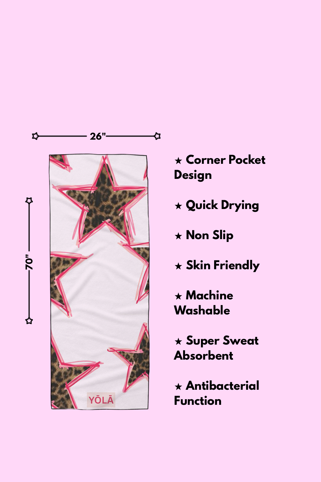 Leopard stars yoga mat towel features including non-slip microfiber, quick drying, antibacterial, and corner pocket design by Yola
